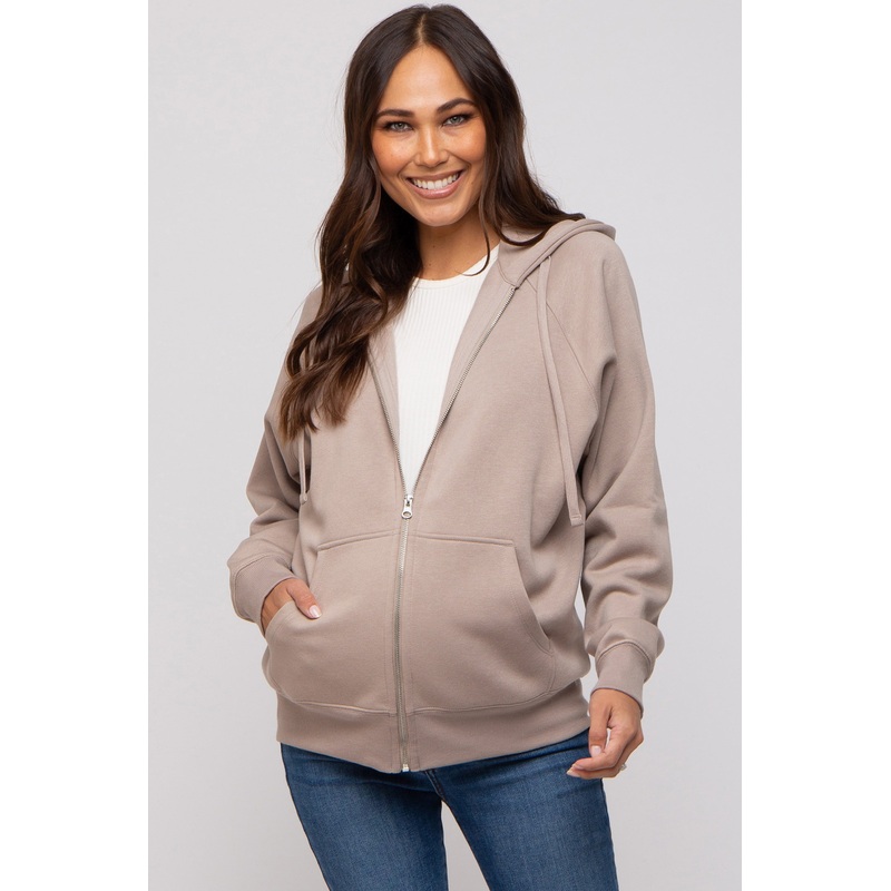 Taupe Front Zipper Hooded Maternity Sweater