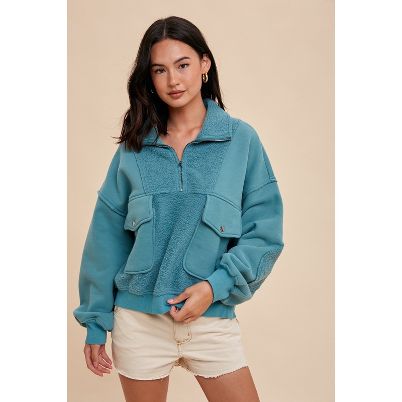 Teal Contrast Reversed Fleece 1/4 Zip Pullover