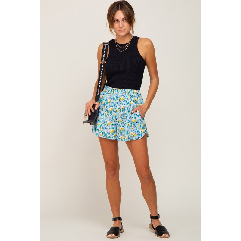 Teal Floral Ruffle Hem Shorts