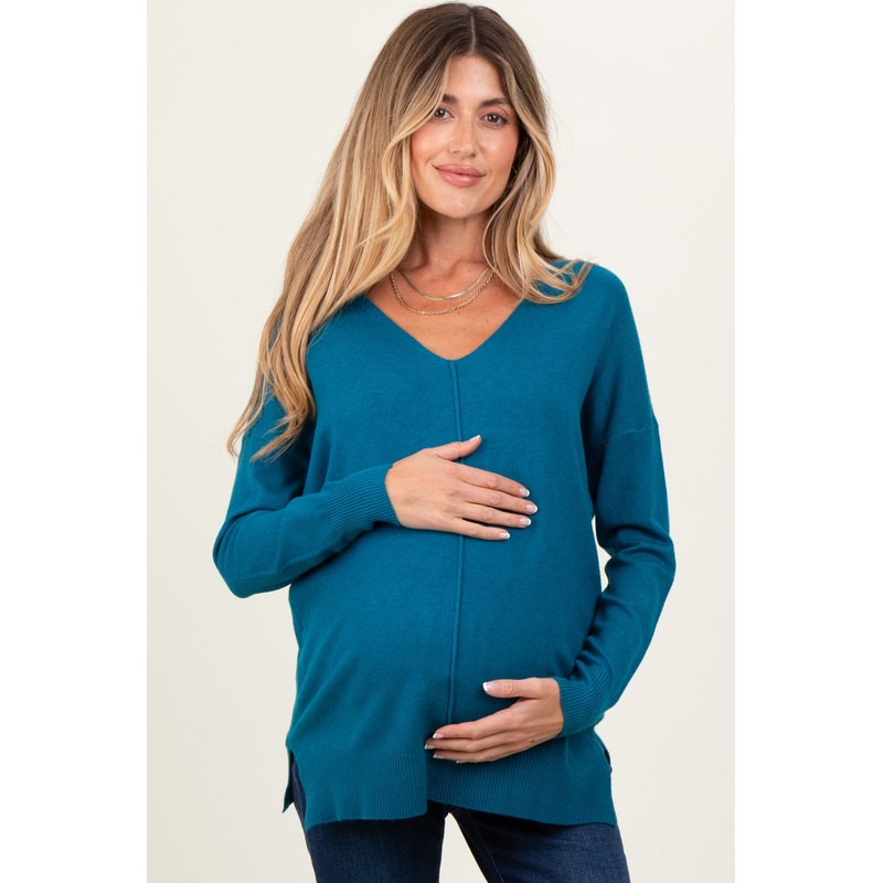 Teal Front Seam V-Neck Side Slit Maternity Sweater