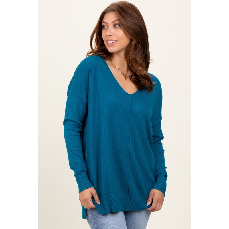 Teal Front Seam V-Neck Side Slit Sweater