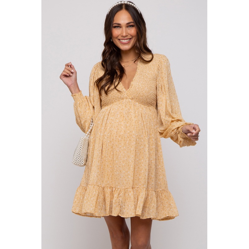 Yellow Floral Smocked Long Sleeve Maternity Dress