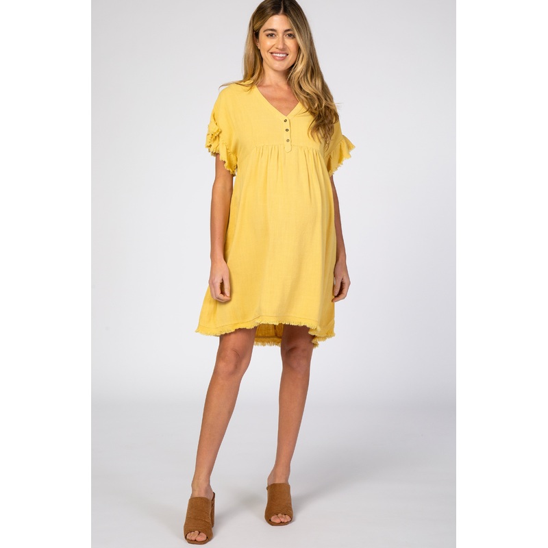 Yellow Linen Fringe Trim Babydoll Maternity Dress