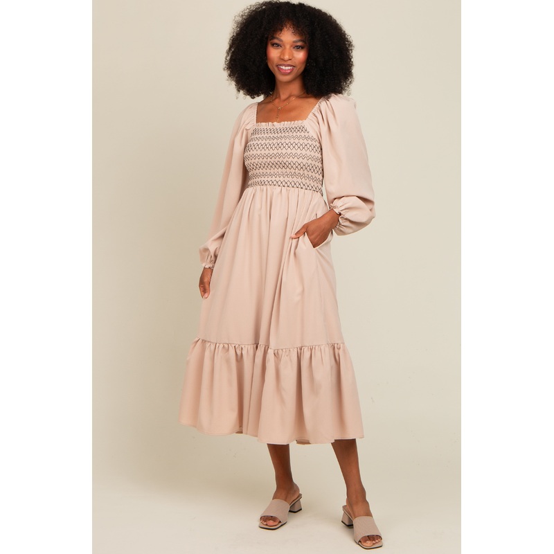 Beige Contrast Smocked Balloon Sleeve Midi Dress