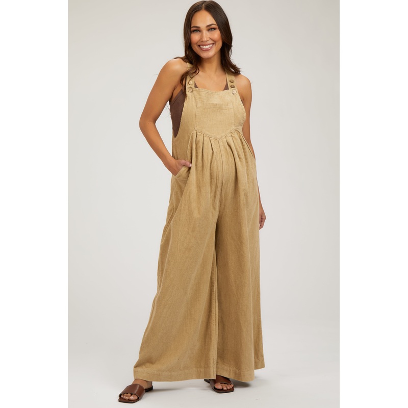 Beige Corduroy Front Pleated Wide Leg Maternity Overalls