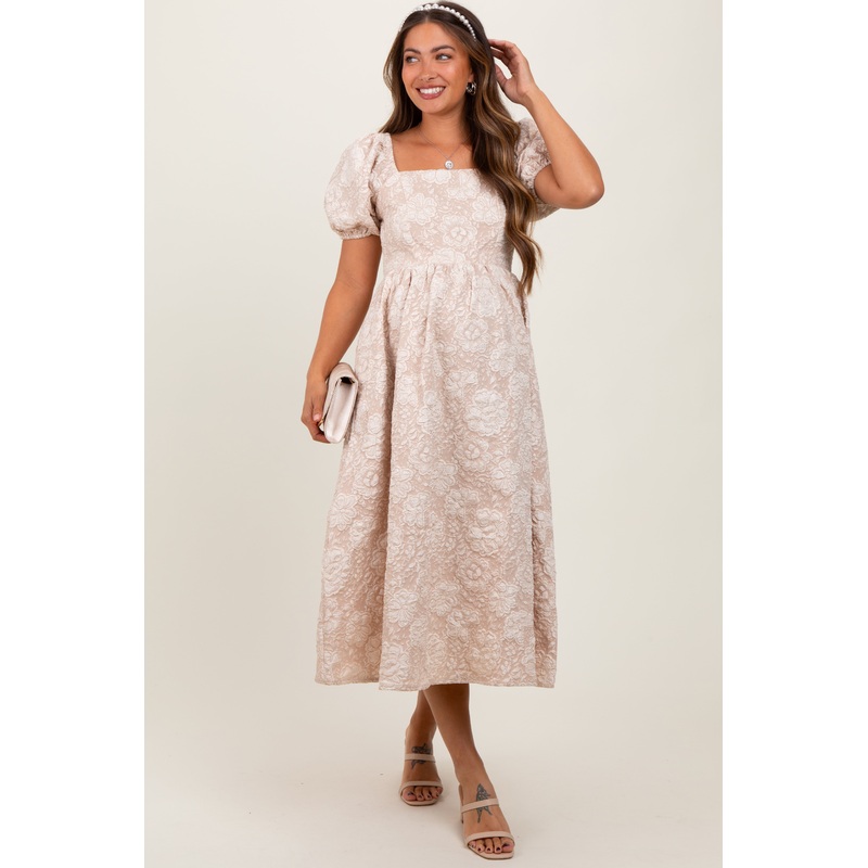Beige Floral Jacquard Knit Puff Sleeves Maternity Midi Dress