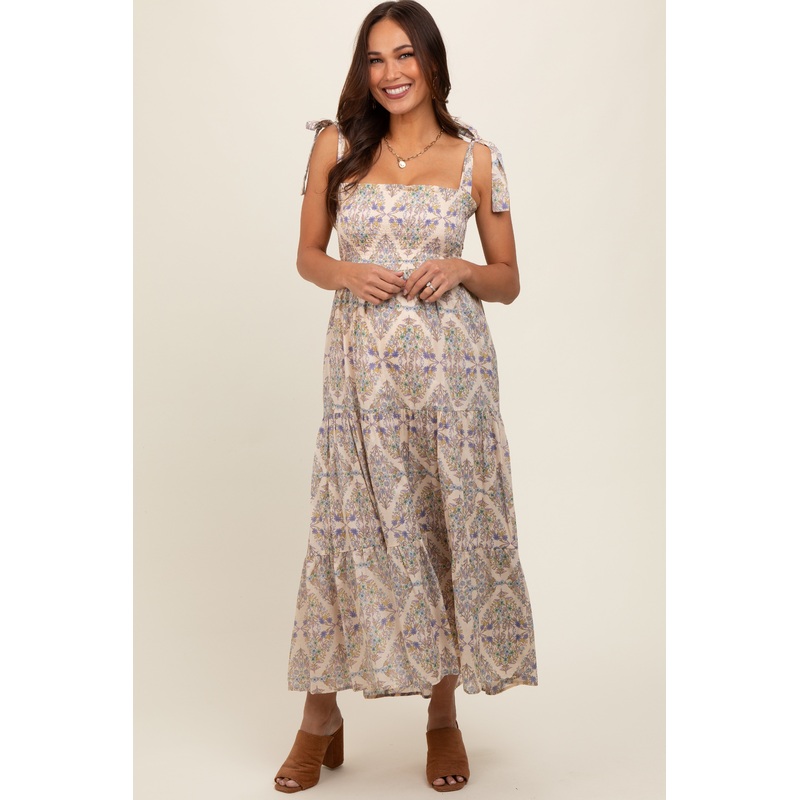 Beige Floral Square Neck Maternity Dress