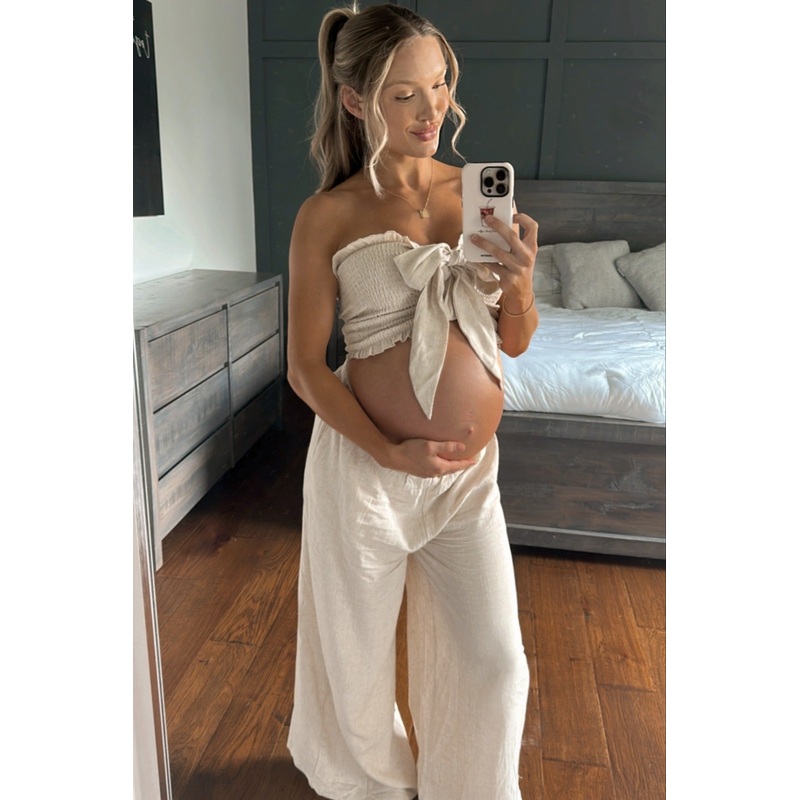 Beige Front Tie Crop Top and Pant Maternity Set