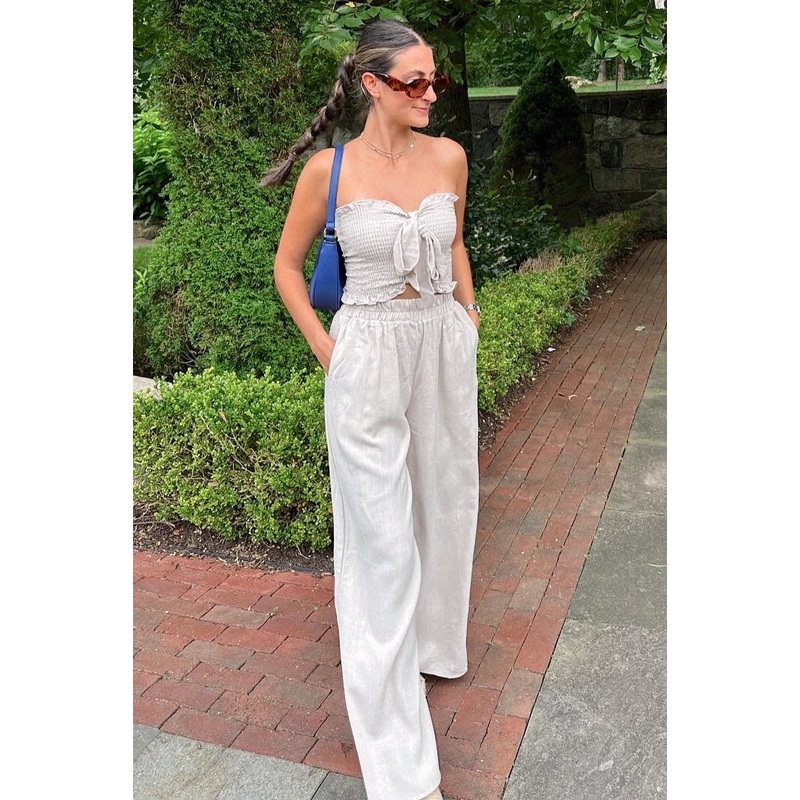Beige Front Tie Crop Top and Pant Set