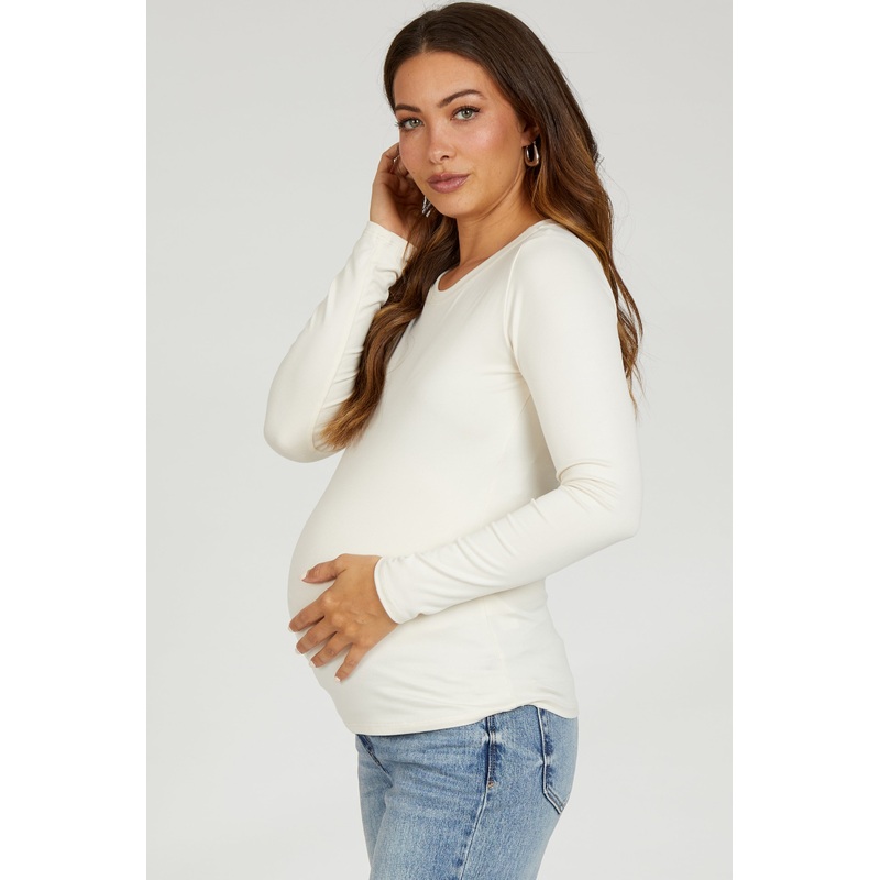 Beige Knit Long Sleeve Round Hem Maternity Top