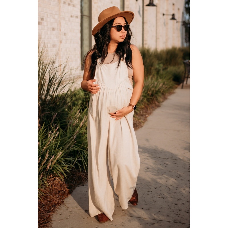 Beige Linen Maternity Overalls