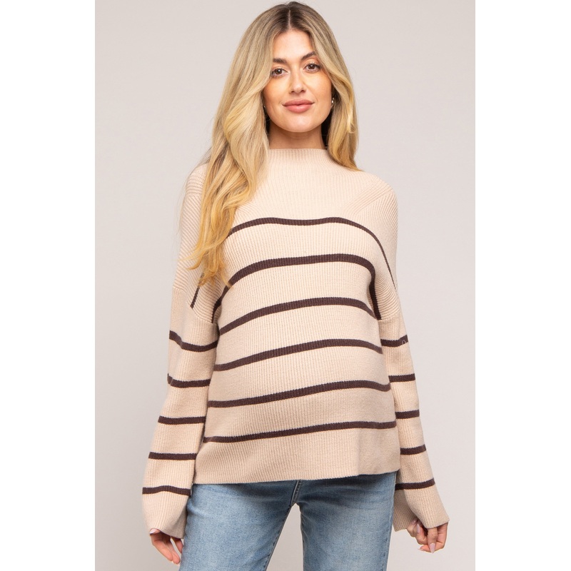 Beige Striped Mock Neck Maternity Sweater