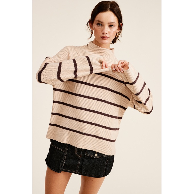 Beige Striped Mock Neck Sweater