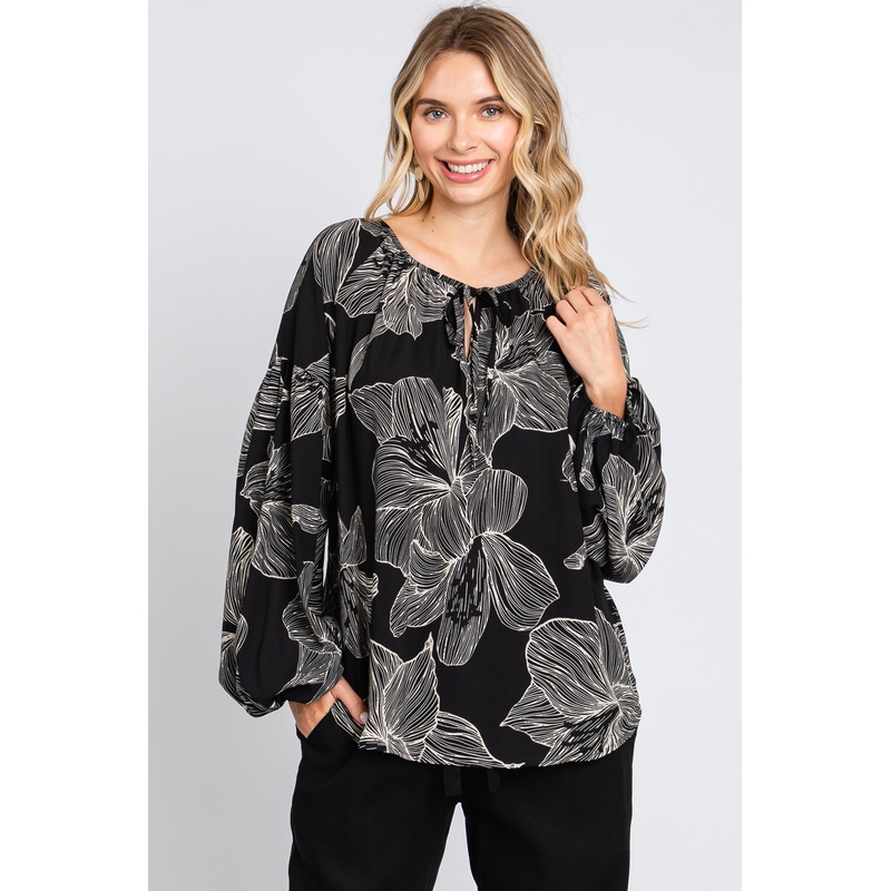Black Floral V-Neck Long Sleeve Blouse