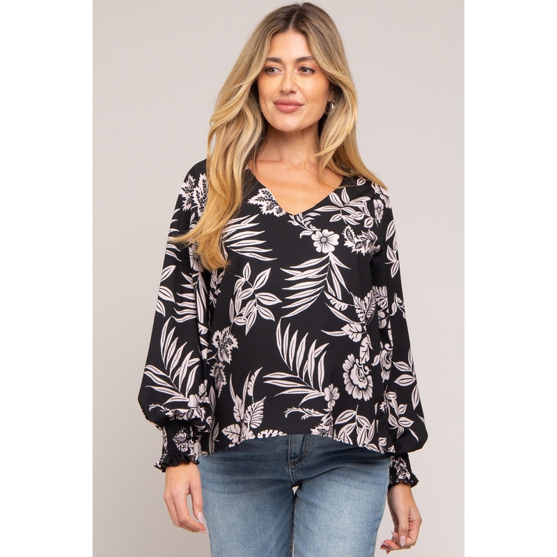 Black Floral V-Neck Long Sleeve Maternity Blouse