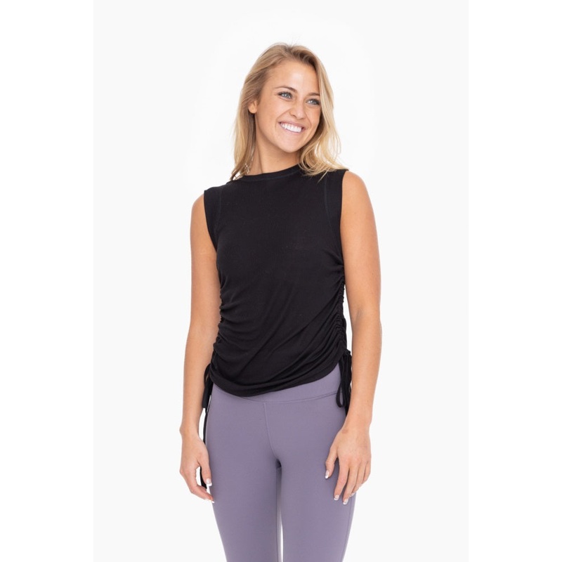 Black Rib Knit Ruched Drawstring Tank Top