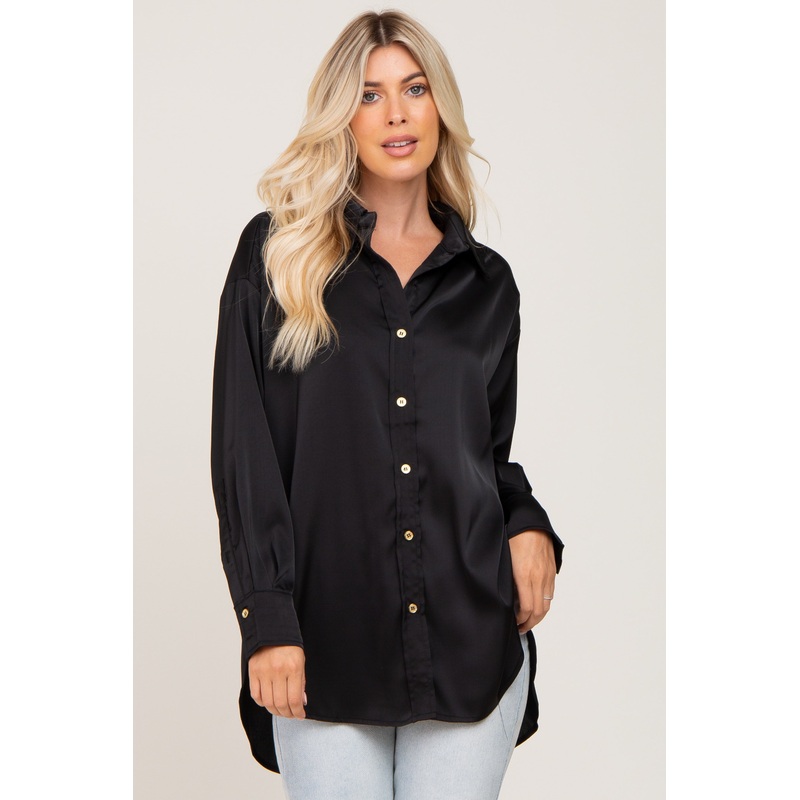 Black Satin Button Up Blouse