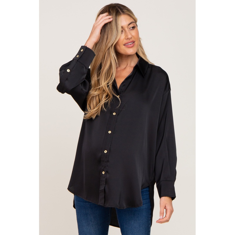 Black Satin Button Up Maternity Blouse