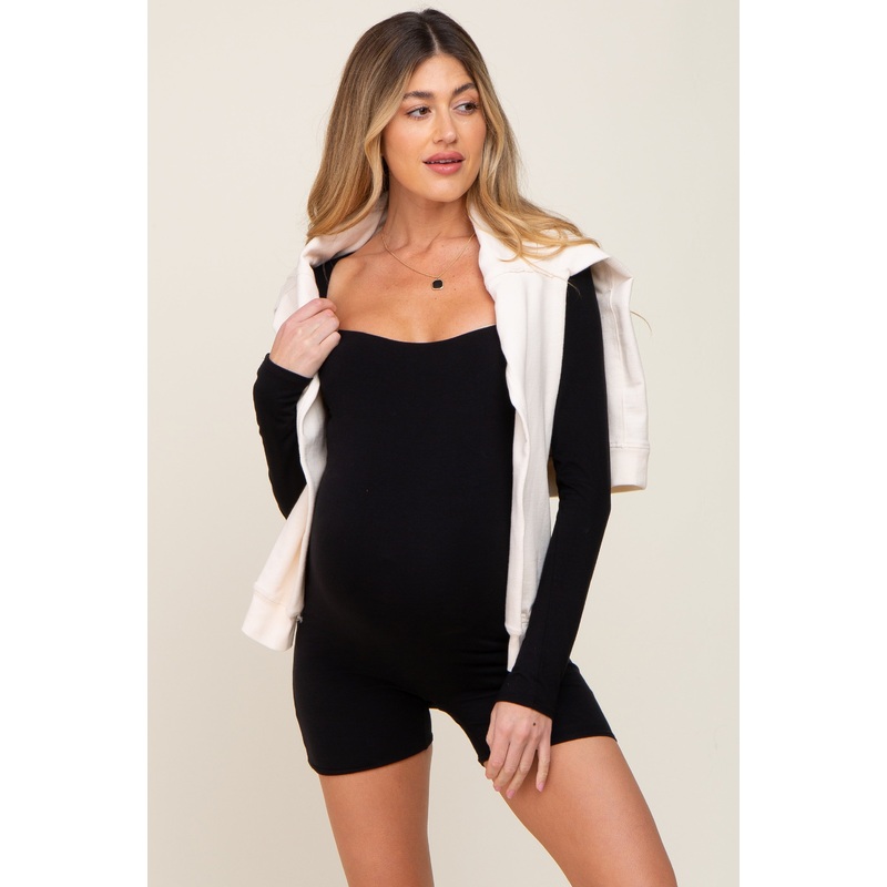 Black Square Neck Long Sleeve Maternity Romper