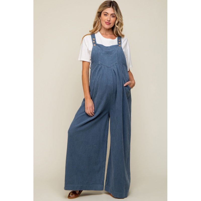 Blue Corduroy Front Pleated Wide Leg Maternity Overalls