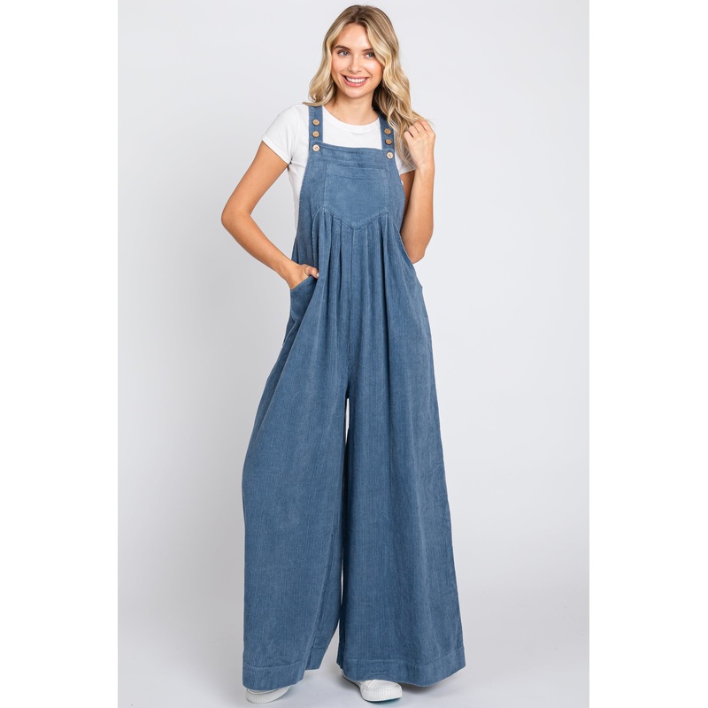 Blue Corduroy Front Pleated Wide Leg Overalls