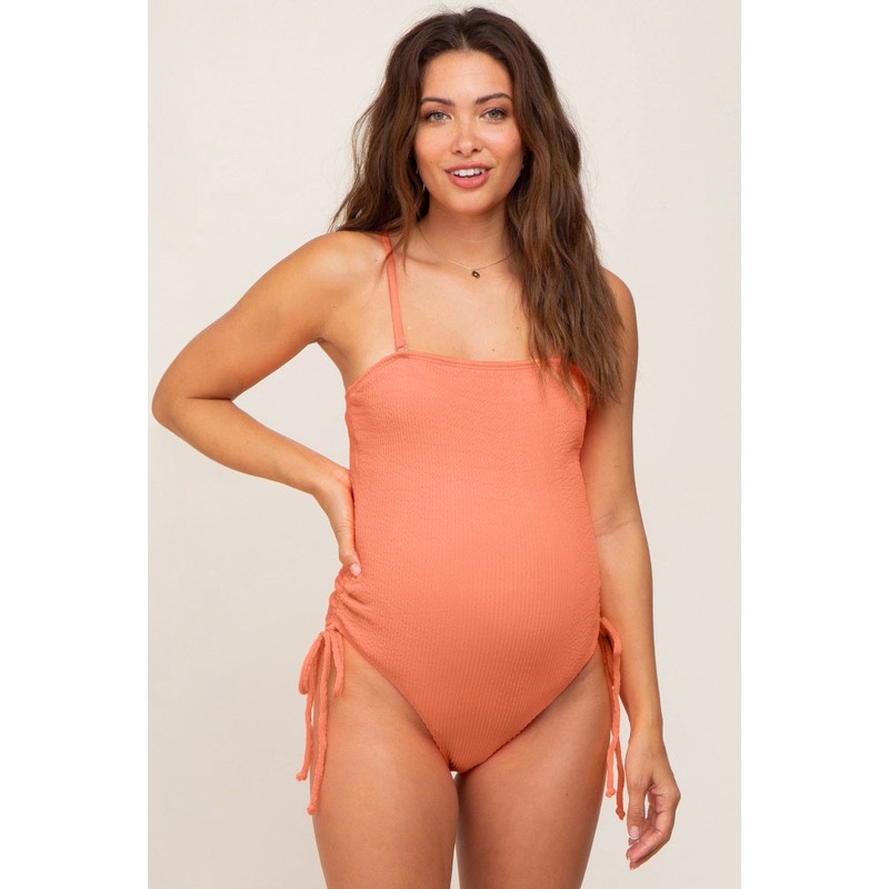 Coral Ribbed Cinched Side Tie Maternity One Piece Swimsuit
