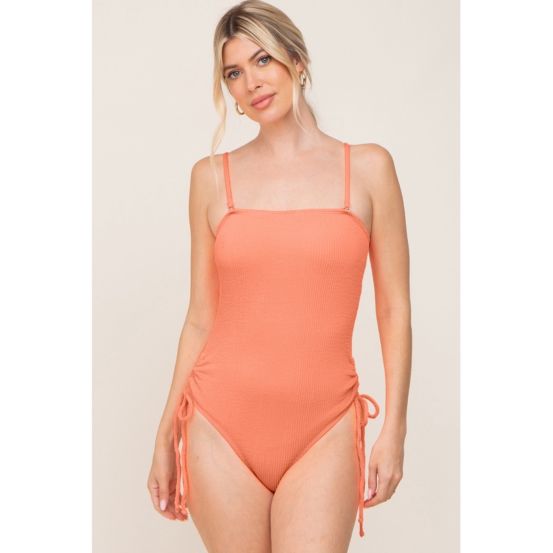 Coral Ribbed Cinched Side Tie One Piece Swimsuit
