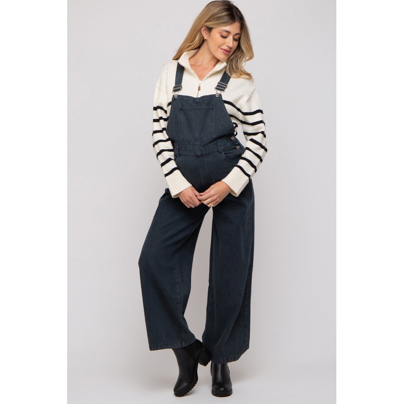 Faded Black Front Pocket Maternity Overalls
