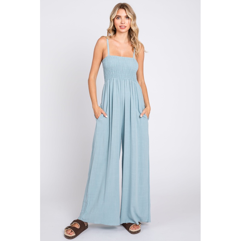 Light Blue Smocked Linen Wide Leg Jumpsuit