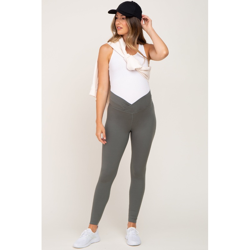 Light Olive Crossover Waist Maternity Leggings