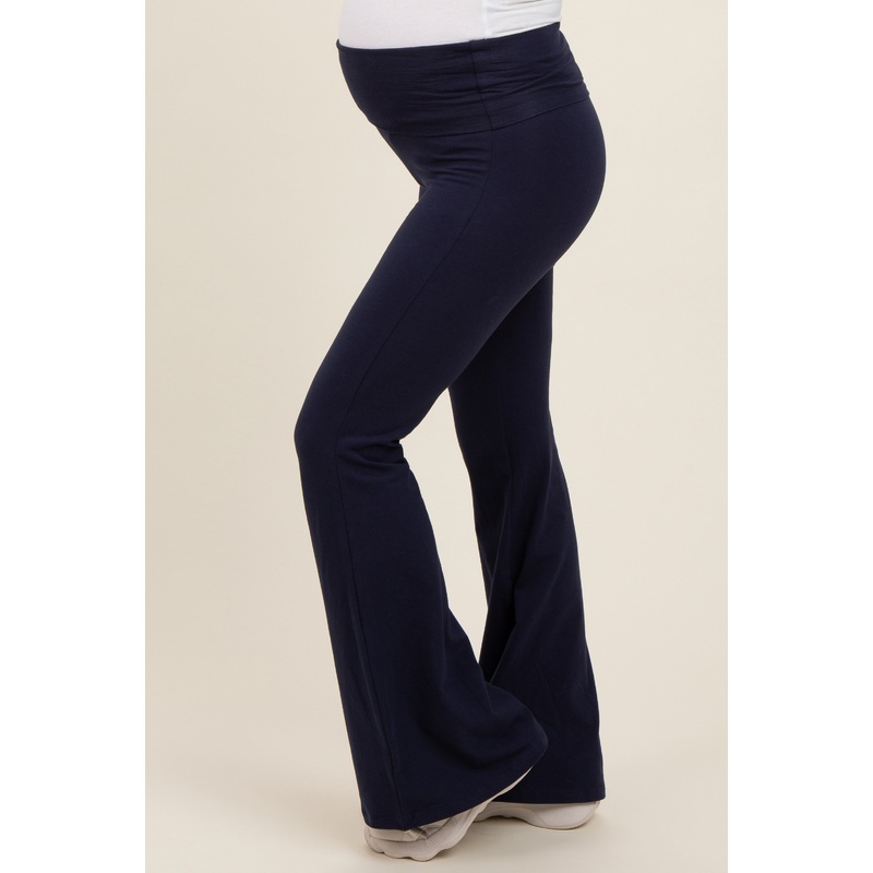 Navy Blue Fold-Over Waistband Flared Maternity Leggings