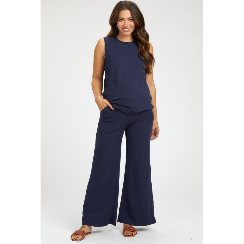 Navy Blue Slub Knit Maternity Pants Set