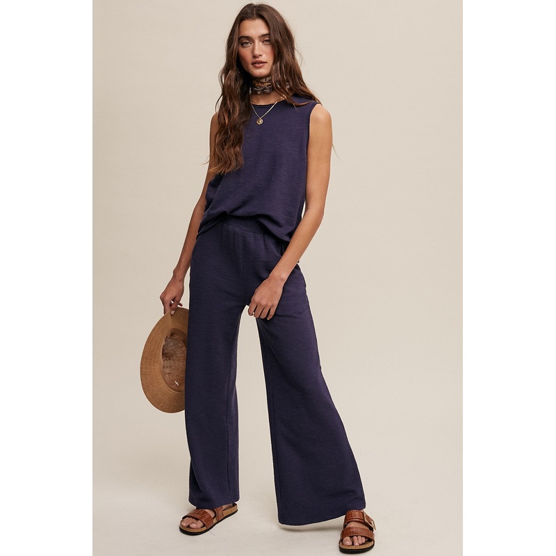 Navy Blue Slub Knit Pants Set