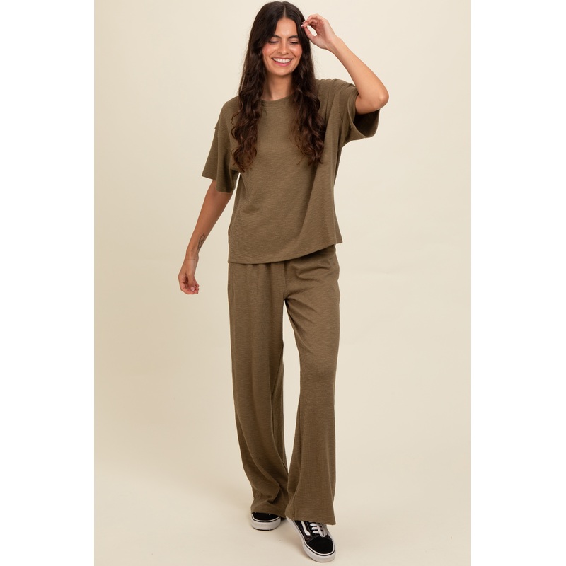Olive Textured Knit Oversized Tee And Pants Set