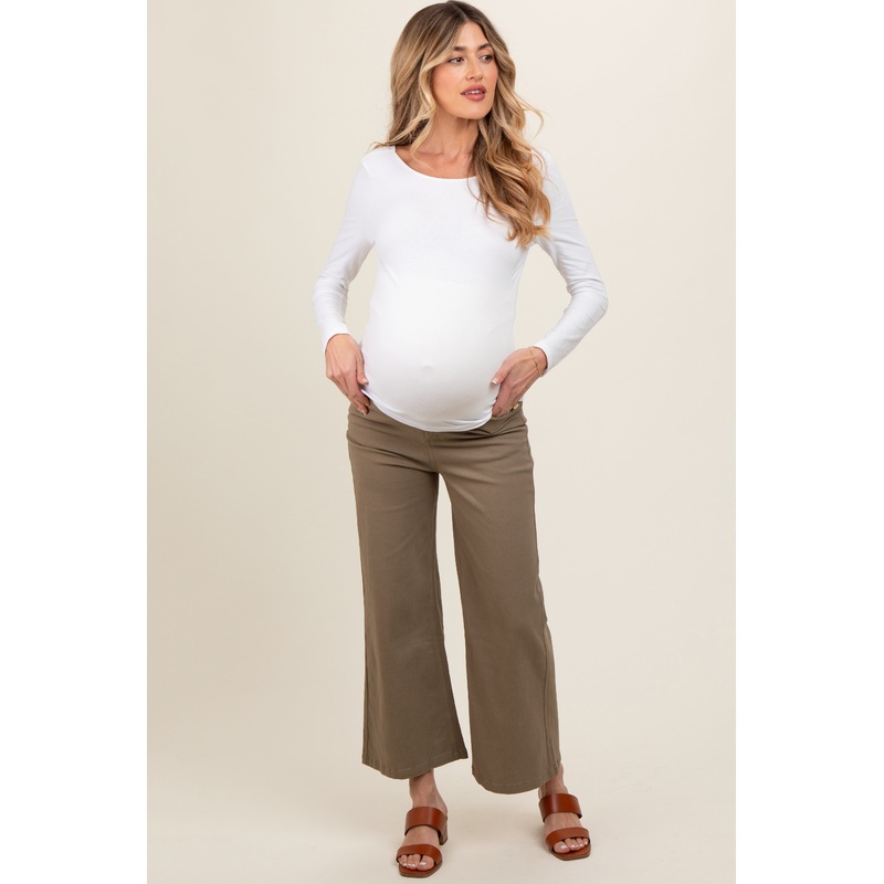 Olive Wide Leg Cropped Maternity Pants
