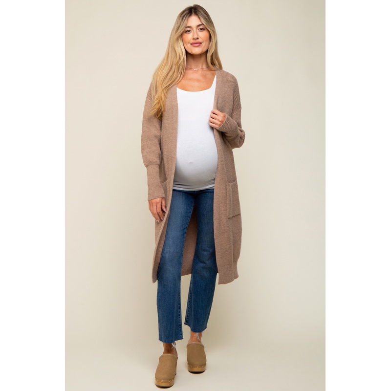 Taupe Chunky Knit Long Sweater Maternity Cardigan