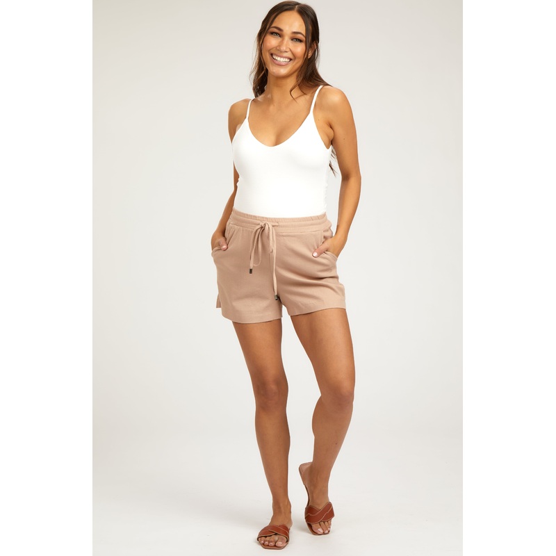 Taupe Linen Drawstring Maternity Shorts
