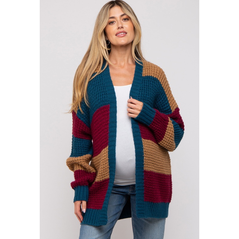 Teal Colorblock Chunky Maternity Cardigan