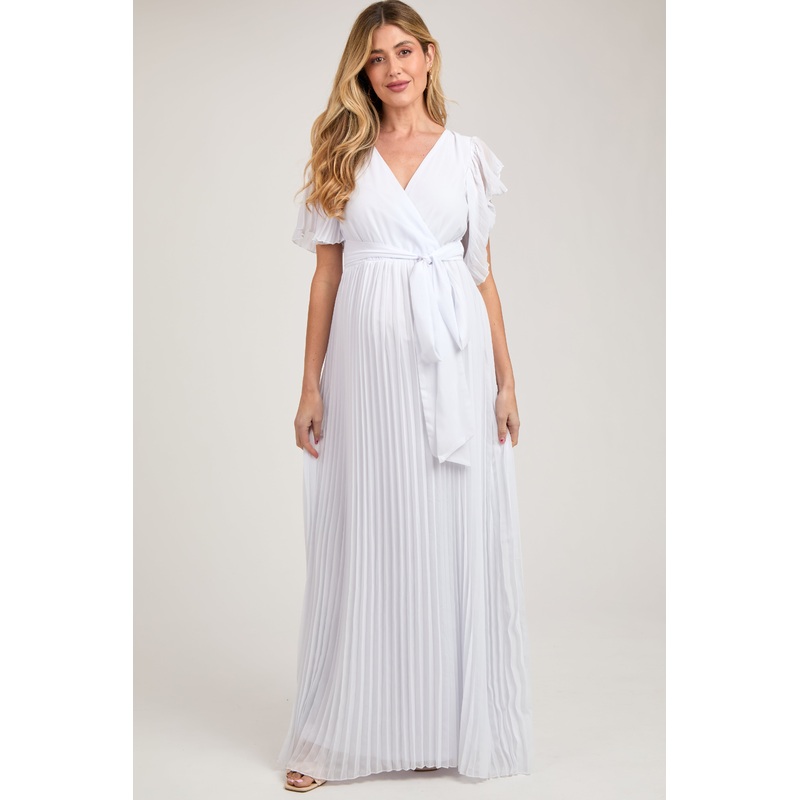 White Chiffon Wrap Front V-Neck Short Sleeve Pleated Maternity Maxi Dress