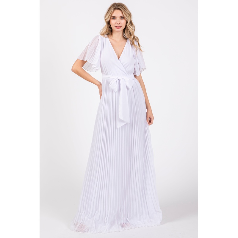 White Chiffon Wrap Front V-Neck Short Sleeve Pleated Maxi Dress