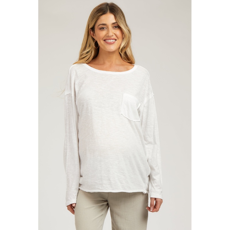White Mineral Wash Front Pocket Long Sleeve Maternity Top
