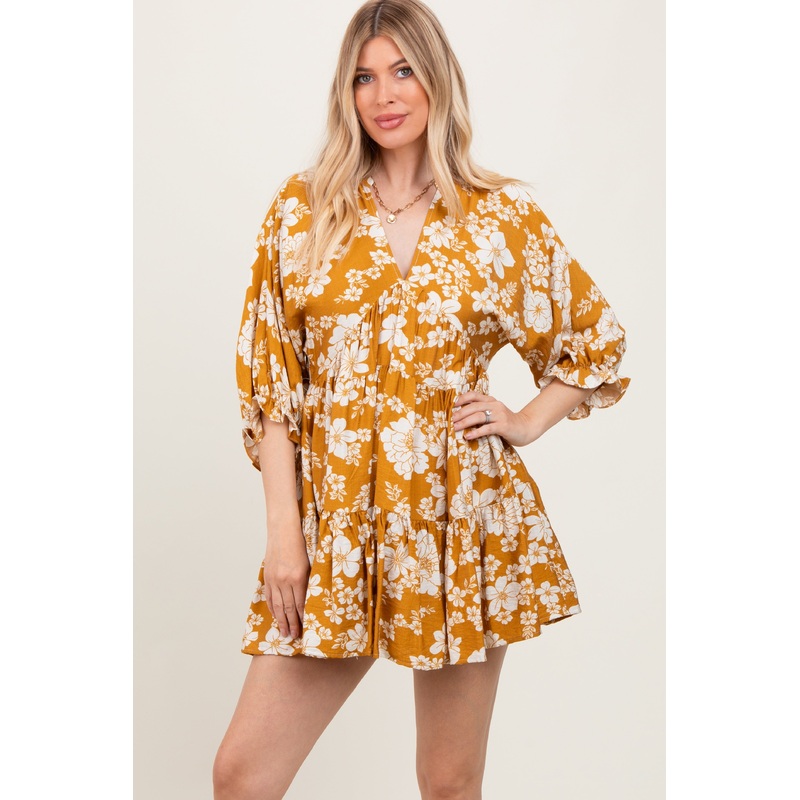 Yellow Floral Deep V-Neck Mini Dress