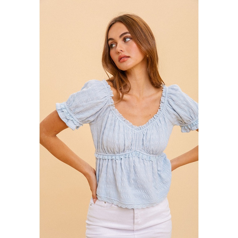 Baby Blue Knit Textured Puff Sleeve Top