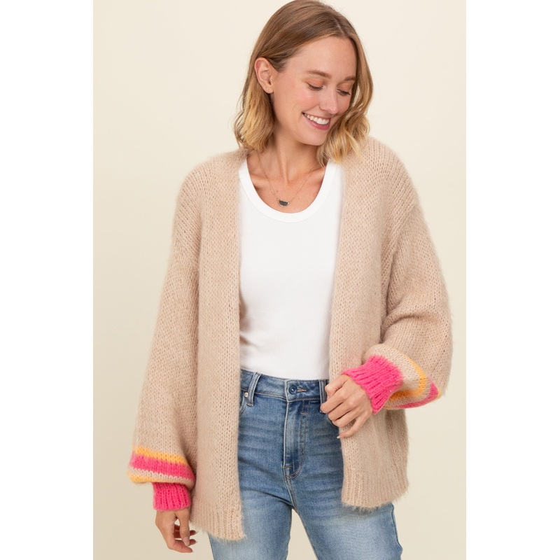 Beige Brushed Knit Striped Sleeve Cardigan