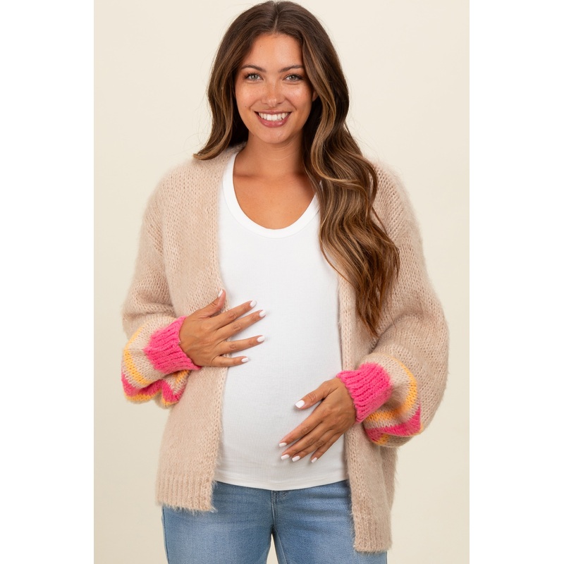 Beige Brushed Knit Striped Sleeve Maternity Cardigan