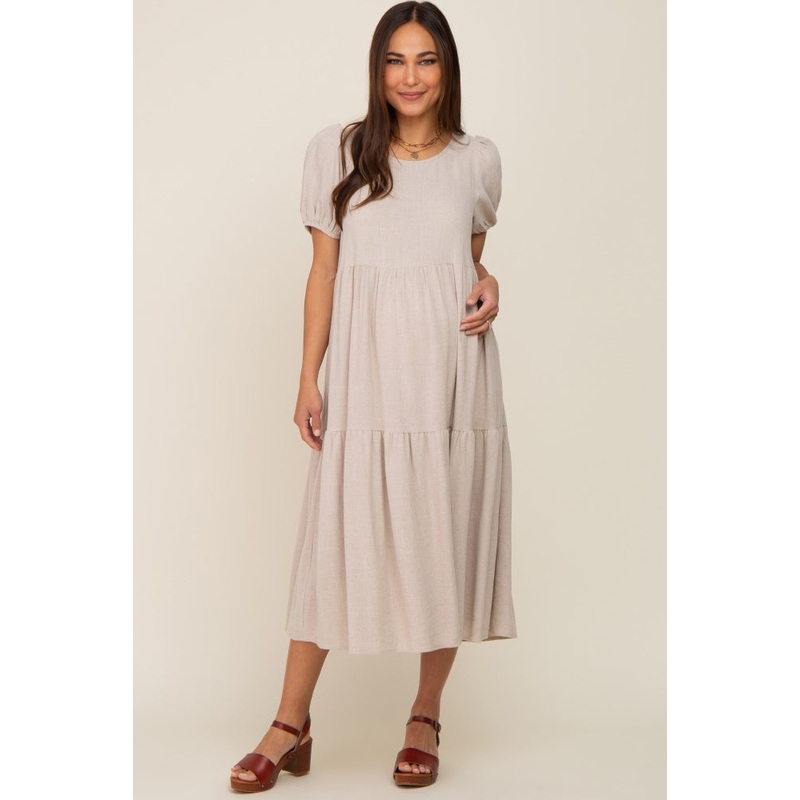 Beige Linen Short Sleeve Tiered Back Tie Maternity Midi Dress