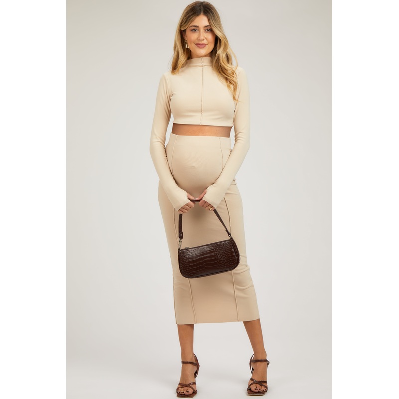 Beige Mock Neck Long Sleeve Crop Maternity Midi Skirt Set