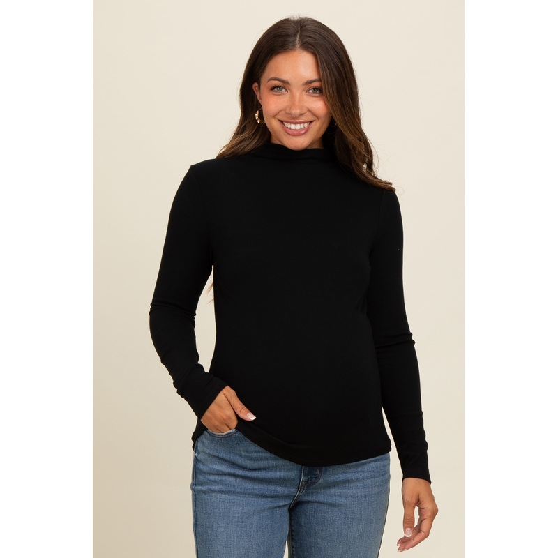 Black Mock Neck Maternity Long Sleeve Top