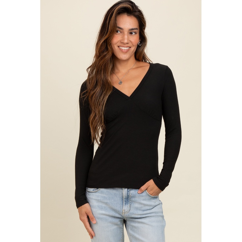 Black Ribbed V-Neck Long Sleeve Top