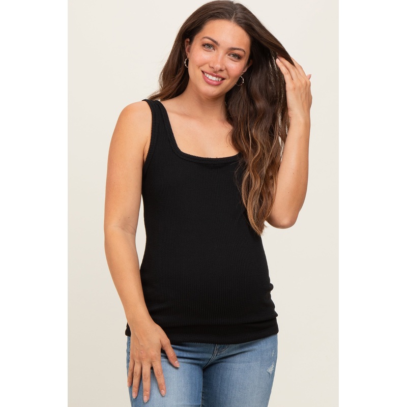 Black Sleeveless Ribbed Square Neck Maternity Top